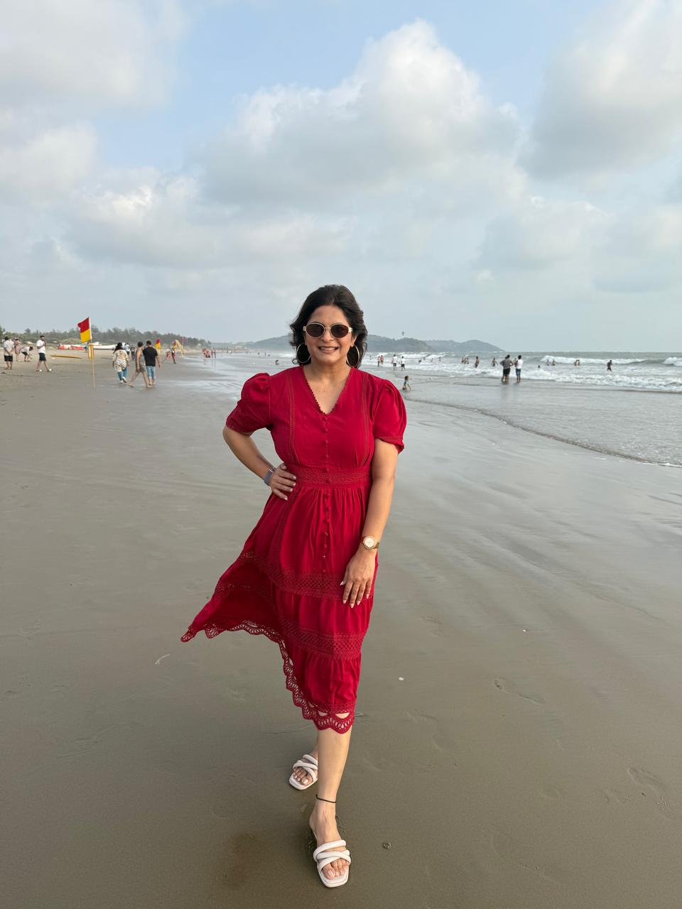 Imported linen cotton calf length dress (Cherry)