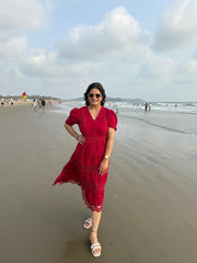 Imported linen cotton calf length dress (Cherry)
