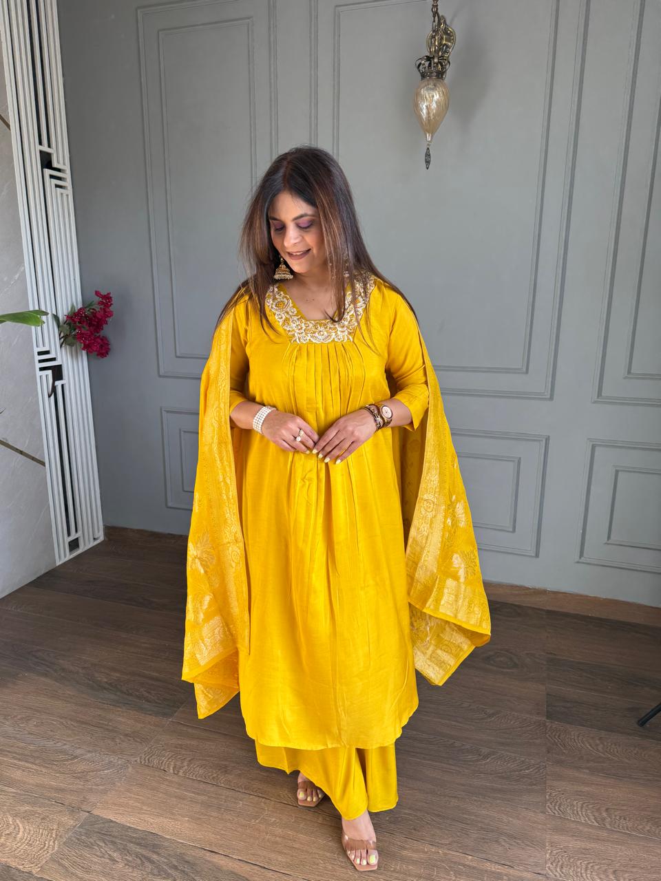 PURE CREPE A LINE SUITS WITH BANARASI DUPATTA