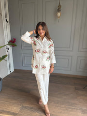 Imported linen rose embroided co-ord set (Litchi)