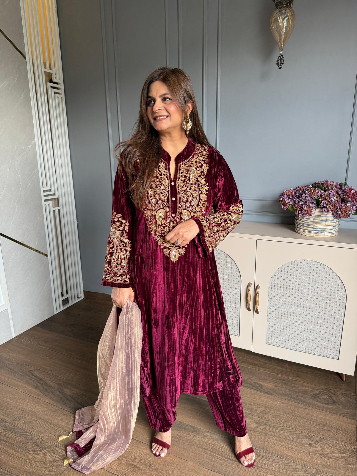 (Mazel) A line premium velvet hand embroidered suit with tissue dupatta