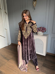 (Mazel) A line premium velvet hand embroidered suit with tissue dupatta