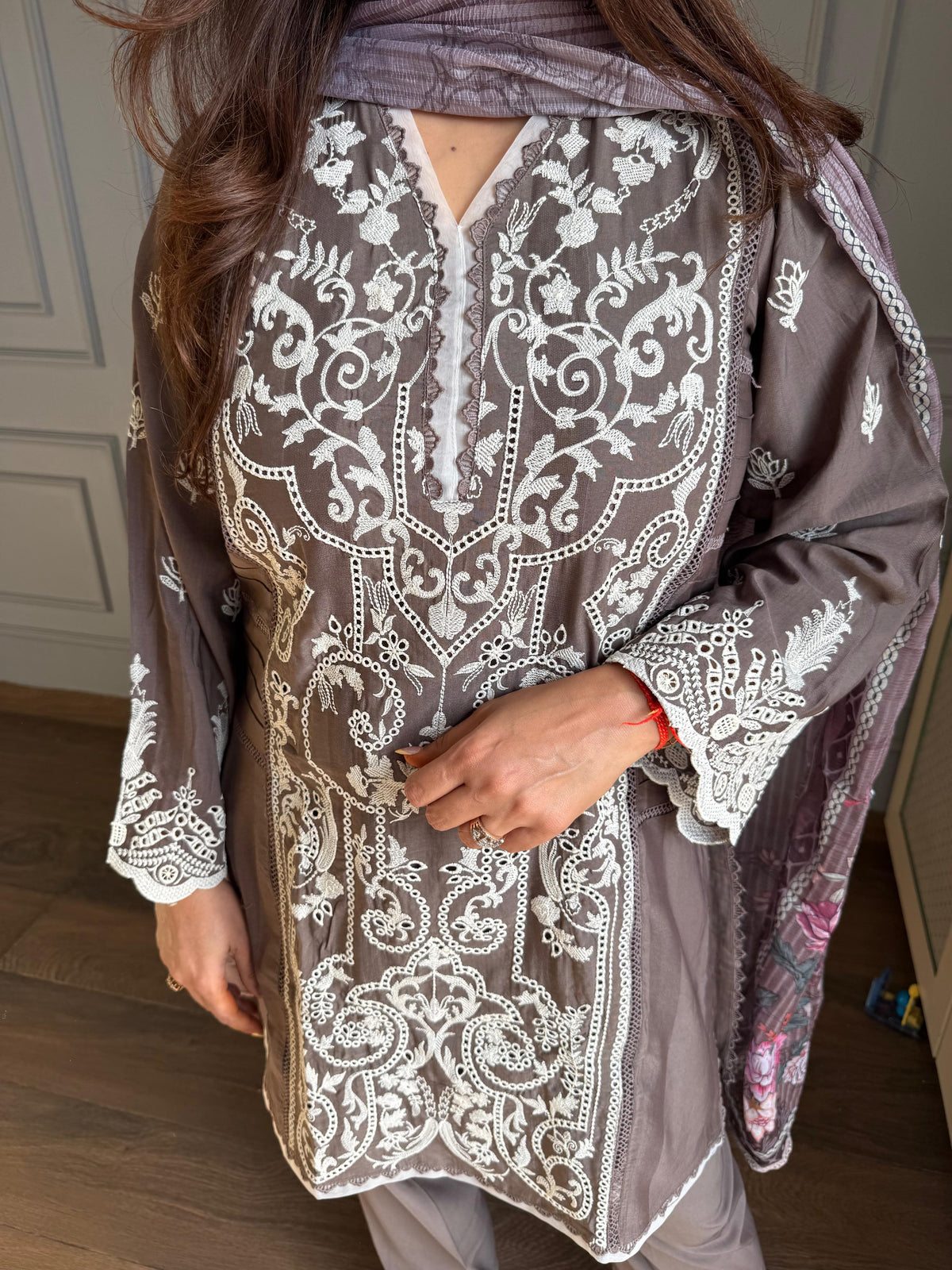 Pakistani style pure cotton embroidered suit with printed chiffon dupatta (Alina)