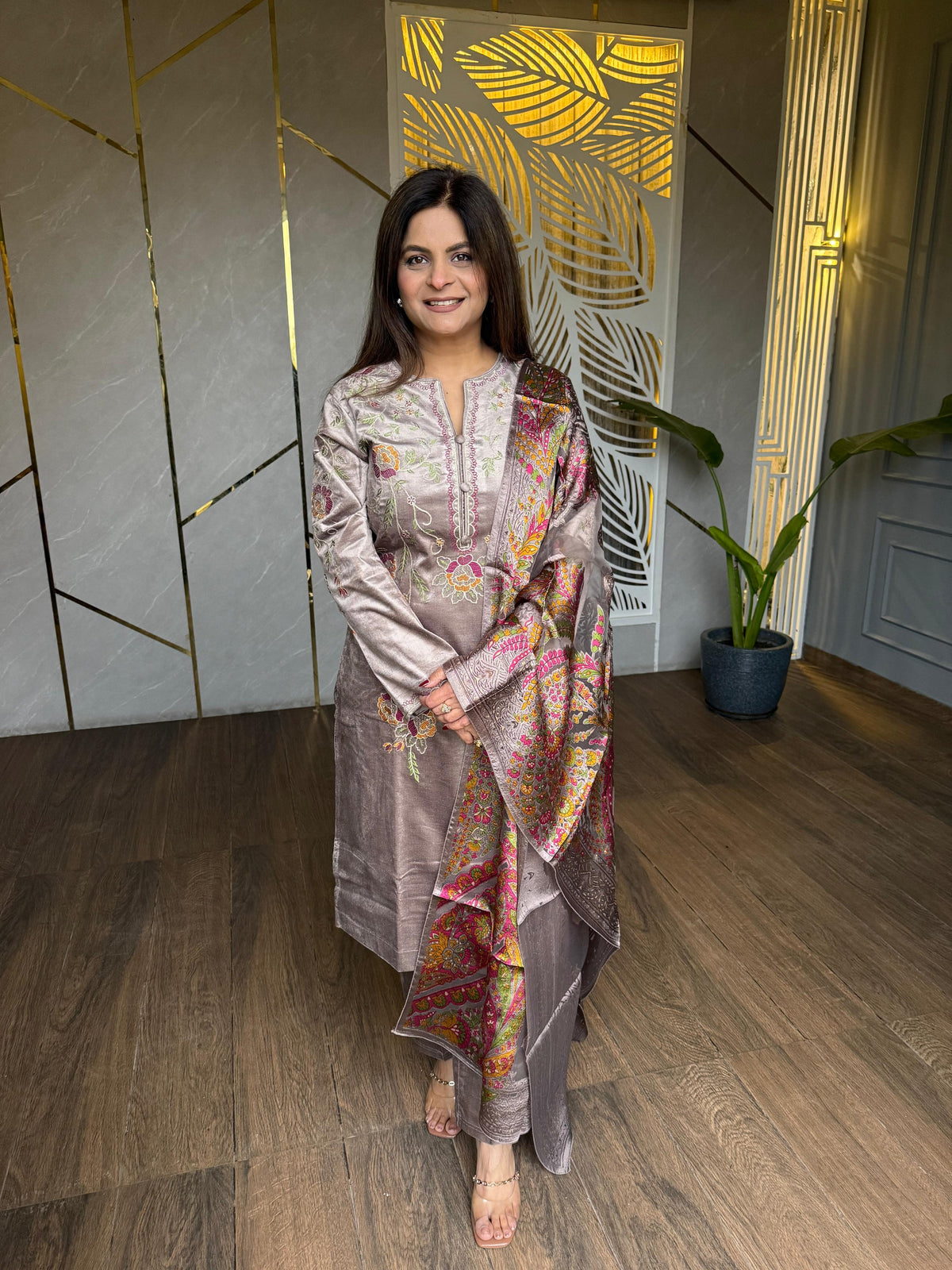Corduroy velvet embroidered with banarasi dupatta suit (Indra)
