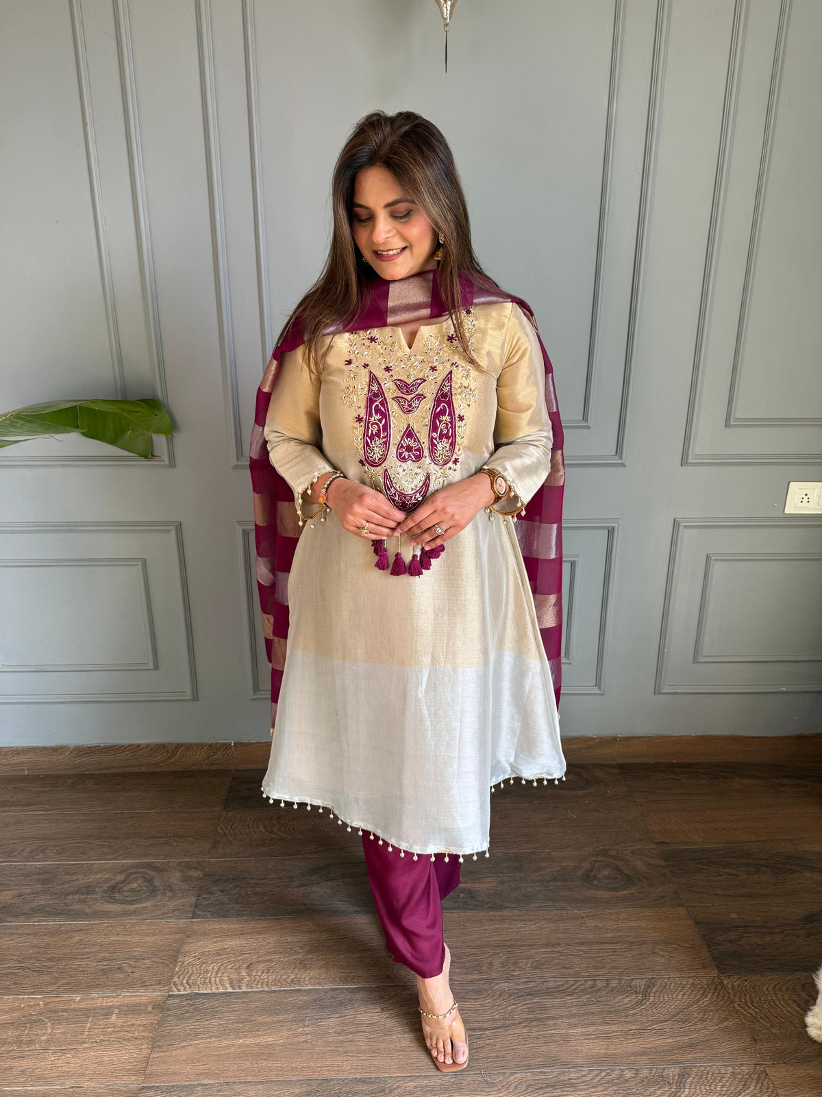 Tissue embroidered A line suit with tissue dupatta (Amelia)