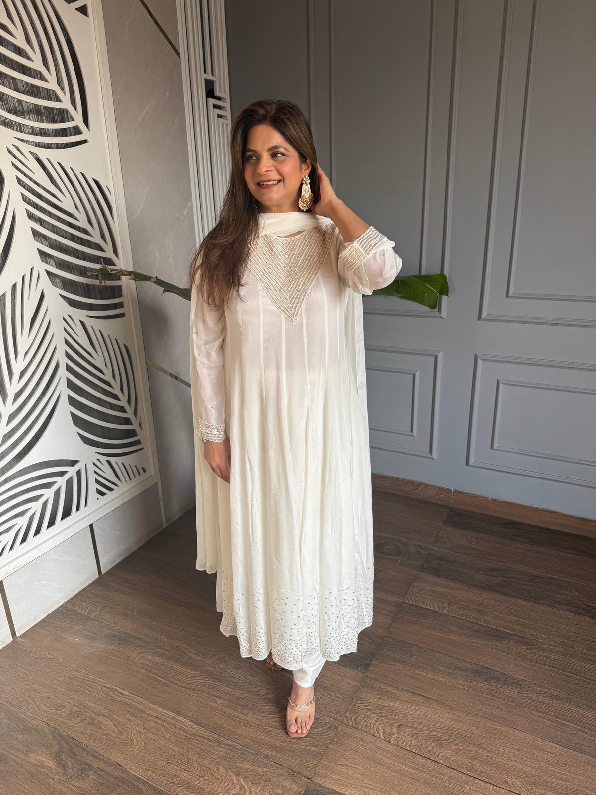 Pure chinnon hand embroidered anarkali full flared suit with chiffon dupatta (Gooseberry)