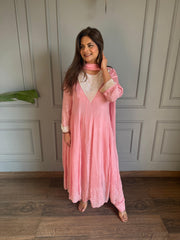 Pure chinnon hand embroidered anarkali full flared suit with chiffon dupatta (Gooseberry)