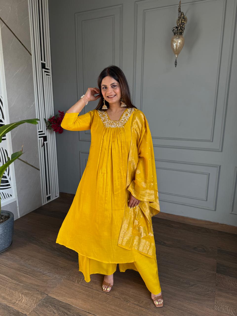 PURE CREPE A LINE SUITS WITH BANARASI DUPATTA