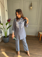 Linen cotton sequenced embroided co-ord set