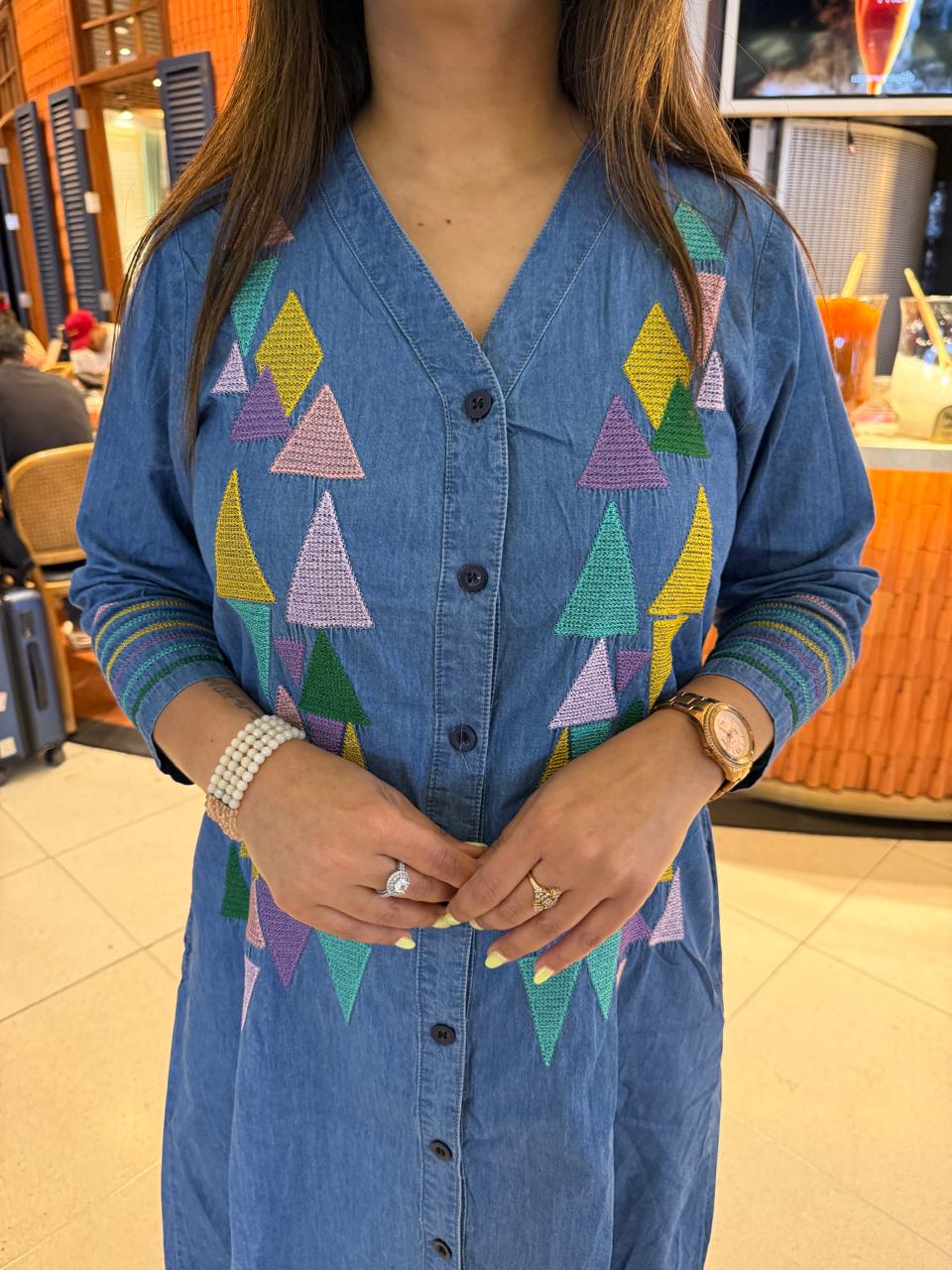 DENIM EMBROIDED CALF LENGTH DRESS (SAADGI)