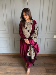 Velvet embroided shawl suit (Wine)