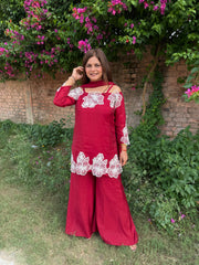 Beautiful mul chanderi suit with patch work detailing and kalidaar pants and full lined suit (Reshma)