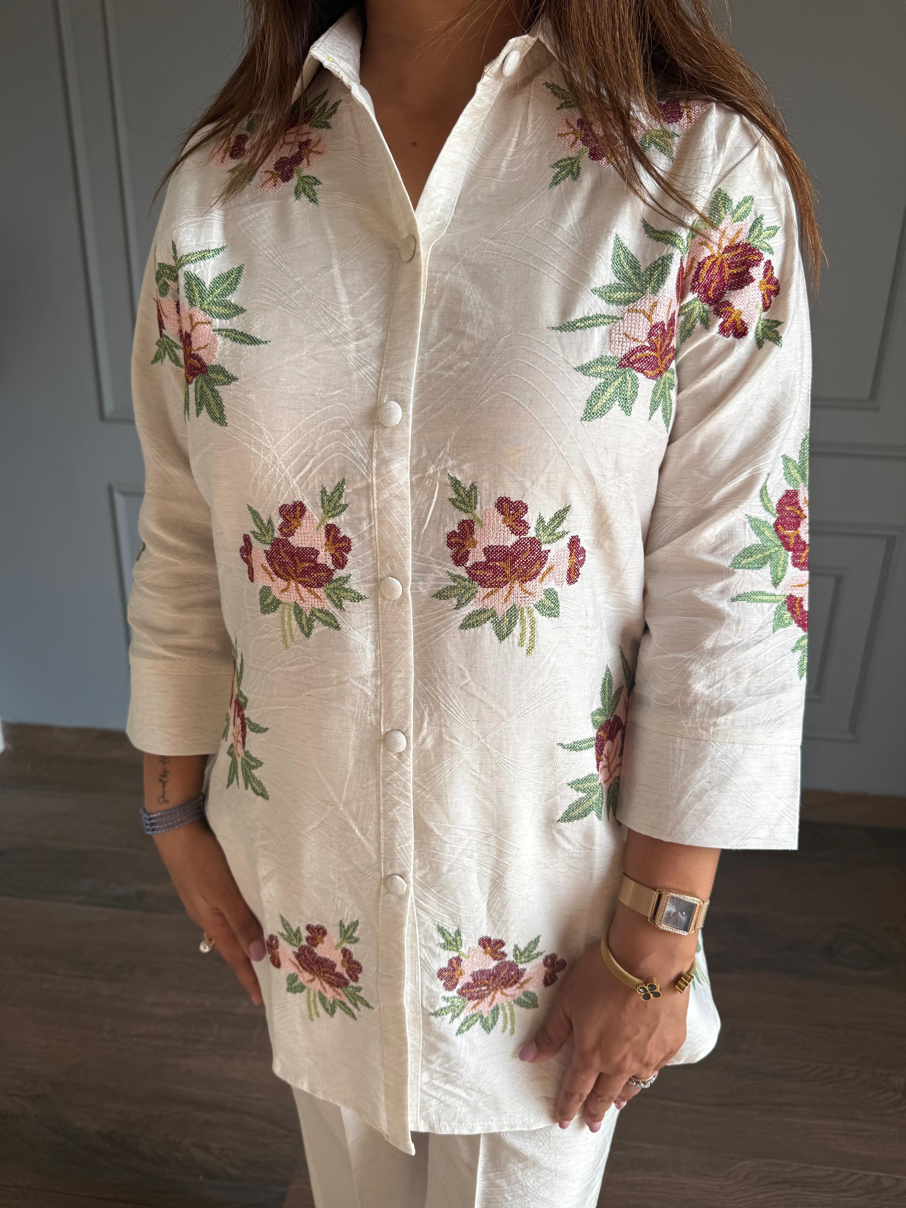 Imported linen rose embroided co-ord set (Litchi)