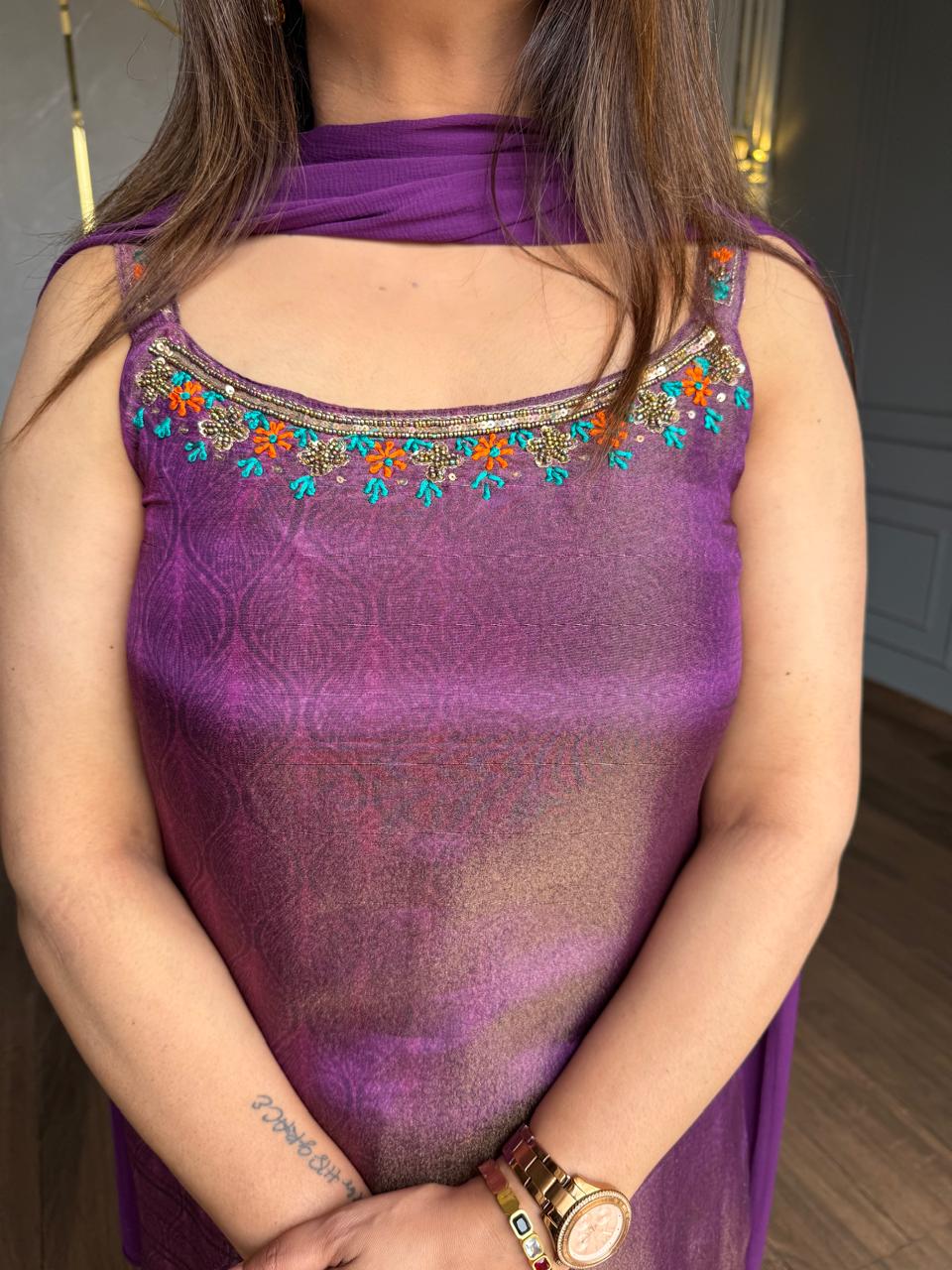Hand embroided tissue silk suit