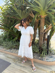 Imported linen cotton calf length dress (Cherry)