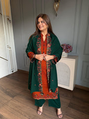 (Harshi) Woollen embroidered shawl suit with cut work on complete suit and shawl