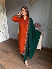 (Harshi) Woollen embroidered shawl suit with cut work on complete suit and shawl