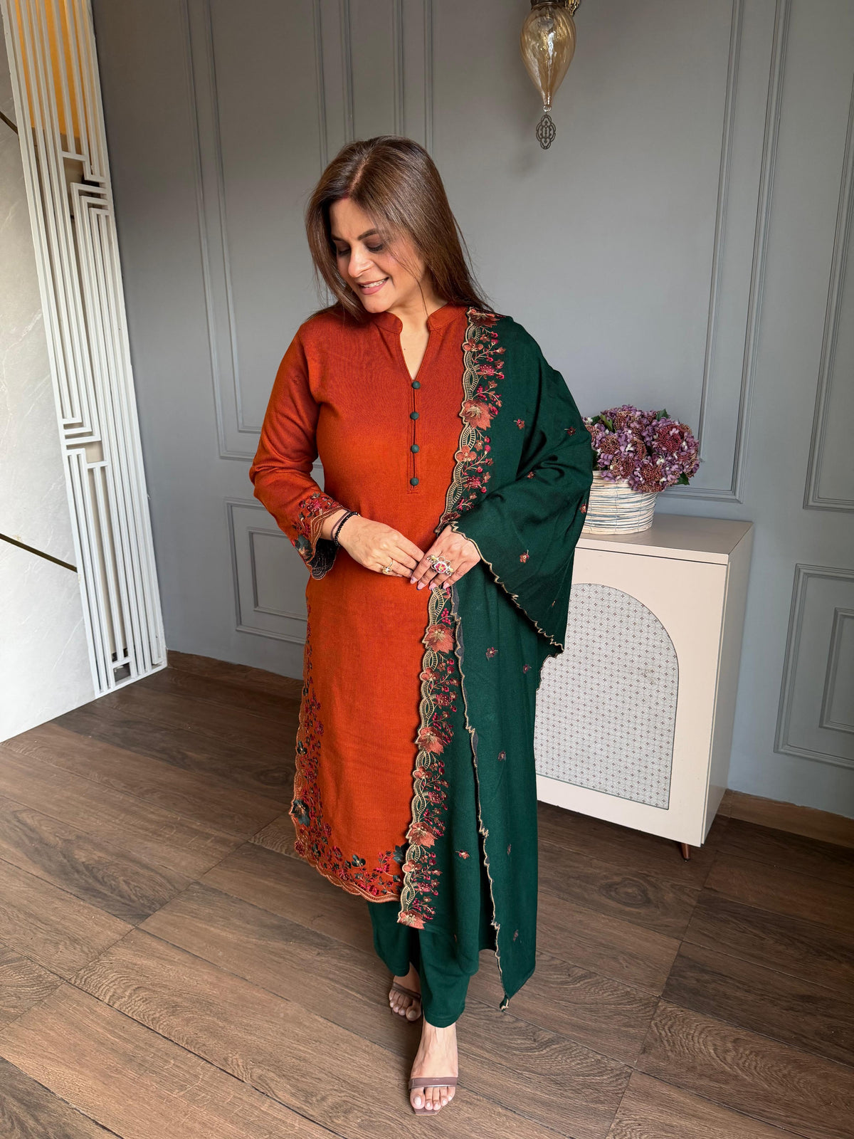 (Harshi) Woollen embroidered shawl suit with cut work on complete suit and shawl