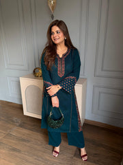 (Chumki) Very exclusive side slit woollen 2 piece embroidered co-ord set