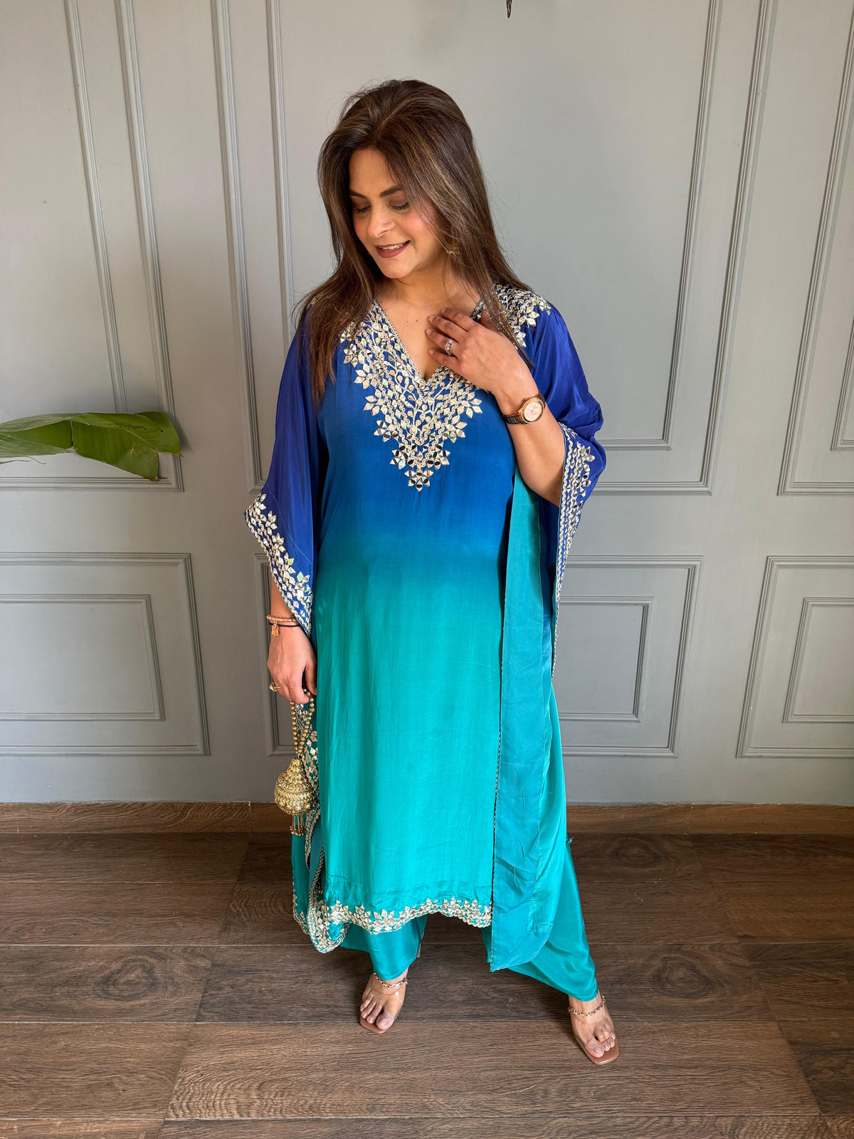 Pure crepe real mirror work detailing kaftan set (Luna)