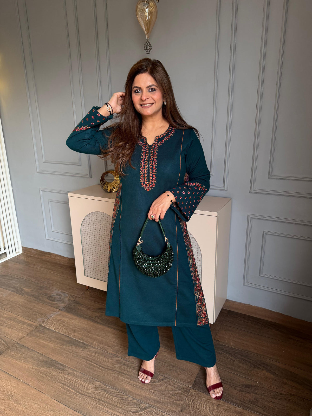(Chumki) Very exclusive side slit woollen 2 piece embroidered co-ord set