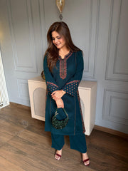 (Chumki) Very exclusive side slit woollen 2 piece embroidered co-ord set