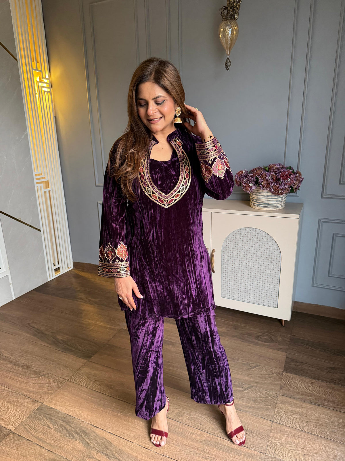(Saiba) Velvet embroidered co-ord set with beautiful work on front and sleeves