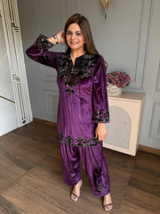(Harleen) Farshi salwar embroidered velvet co-ord set with potli