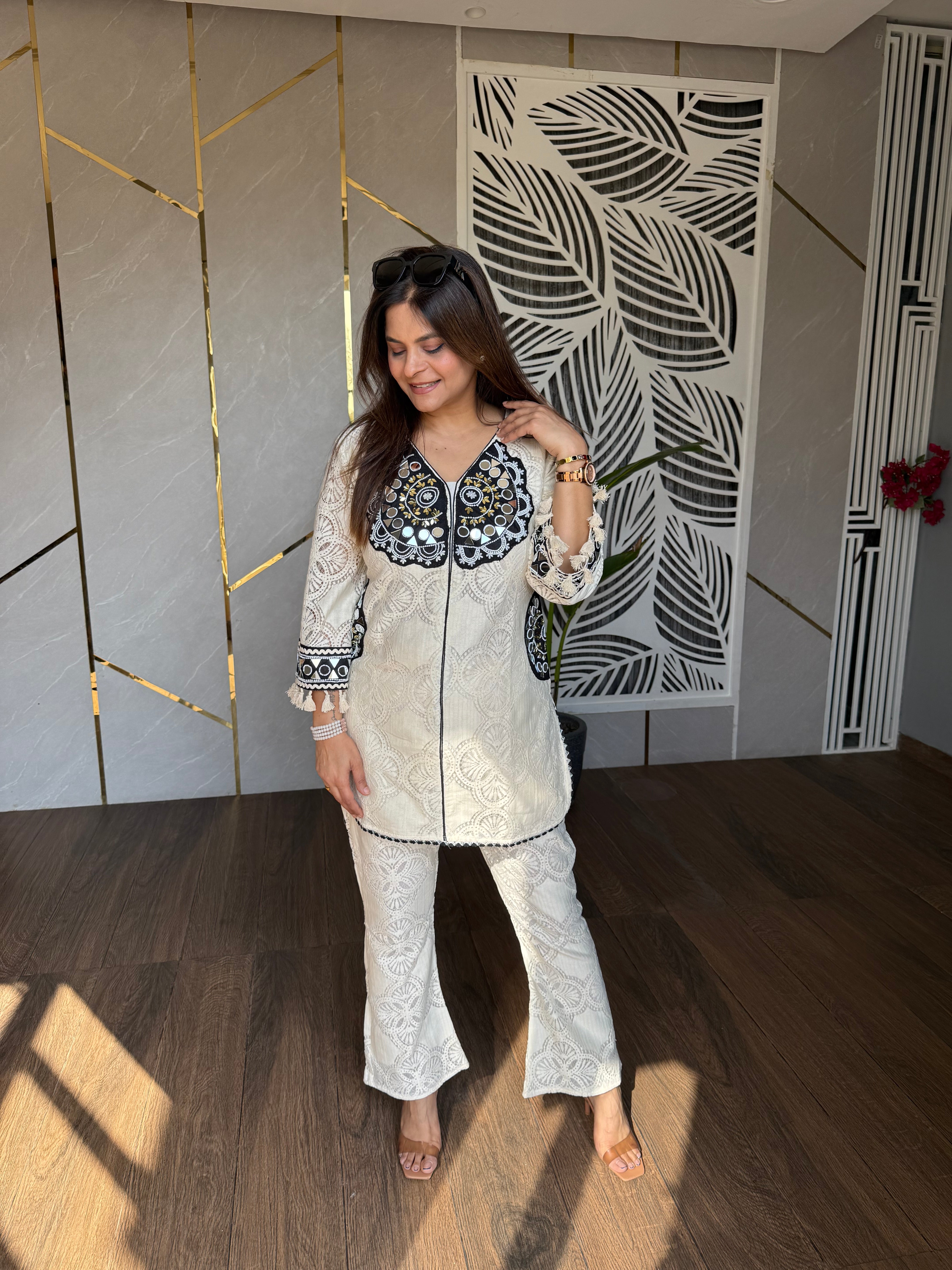 Cotton crochet mirror work co-ord set