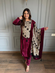 Velvet embroided shawl suit (Wine)