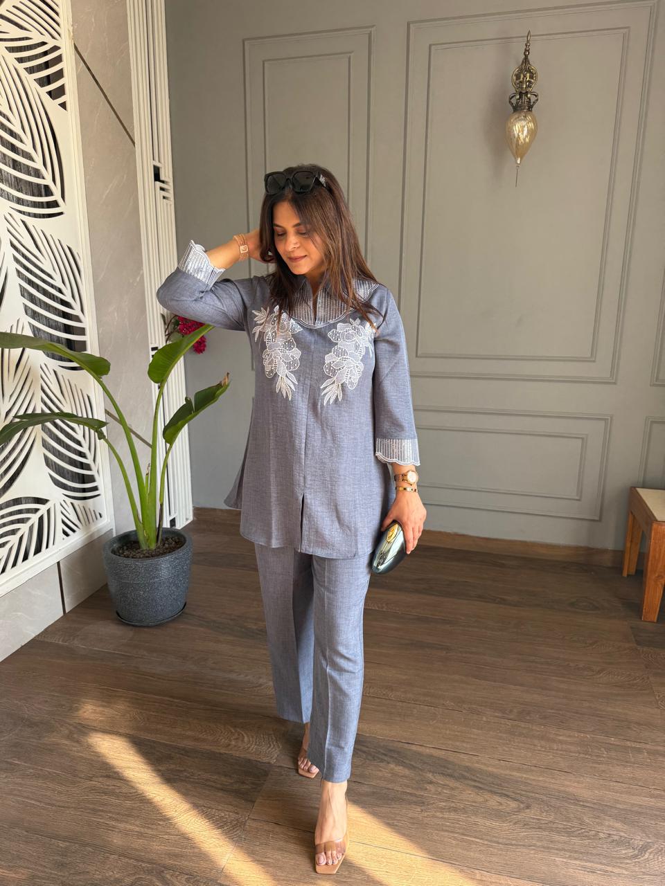 Linen cotton sequenced embroided co-ord set