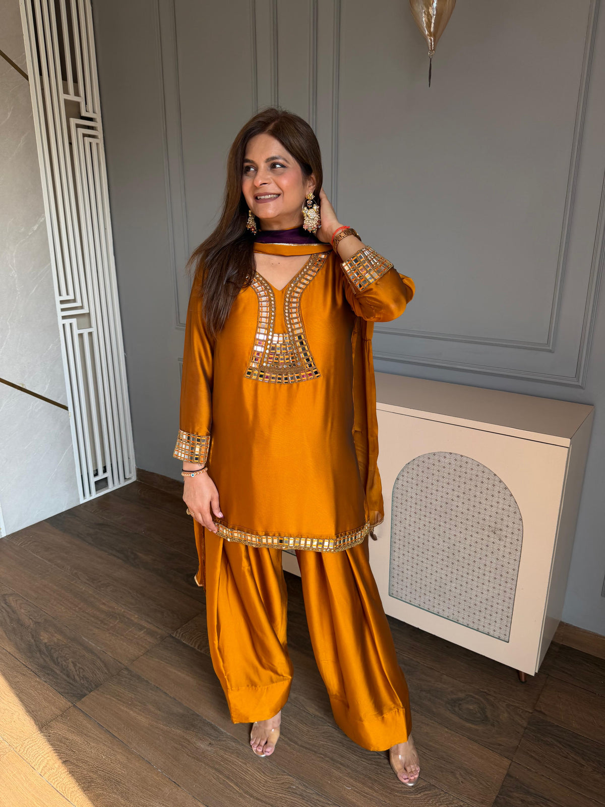 Beautiful farshi suit with real mirror detailing (Rutvi)