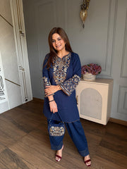 (Alishka) Beautiful embroidered denim look winter co-ord set with embroiodered bag