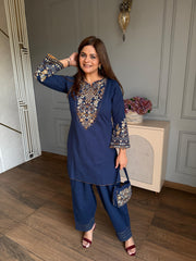 (Alishka) Beautiful embroidered denim look winter co-ord set with embroiodered bag