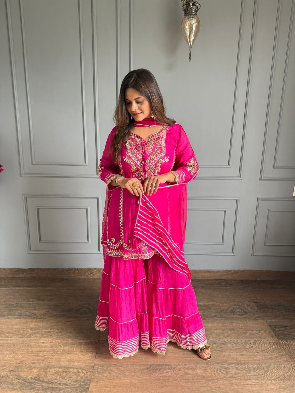 Pure chinnon hand work mirror grara suit with full chiffon dupatta (ishq)