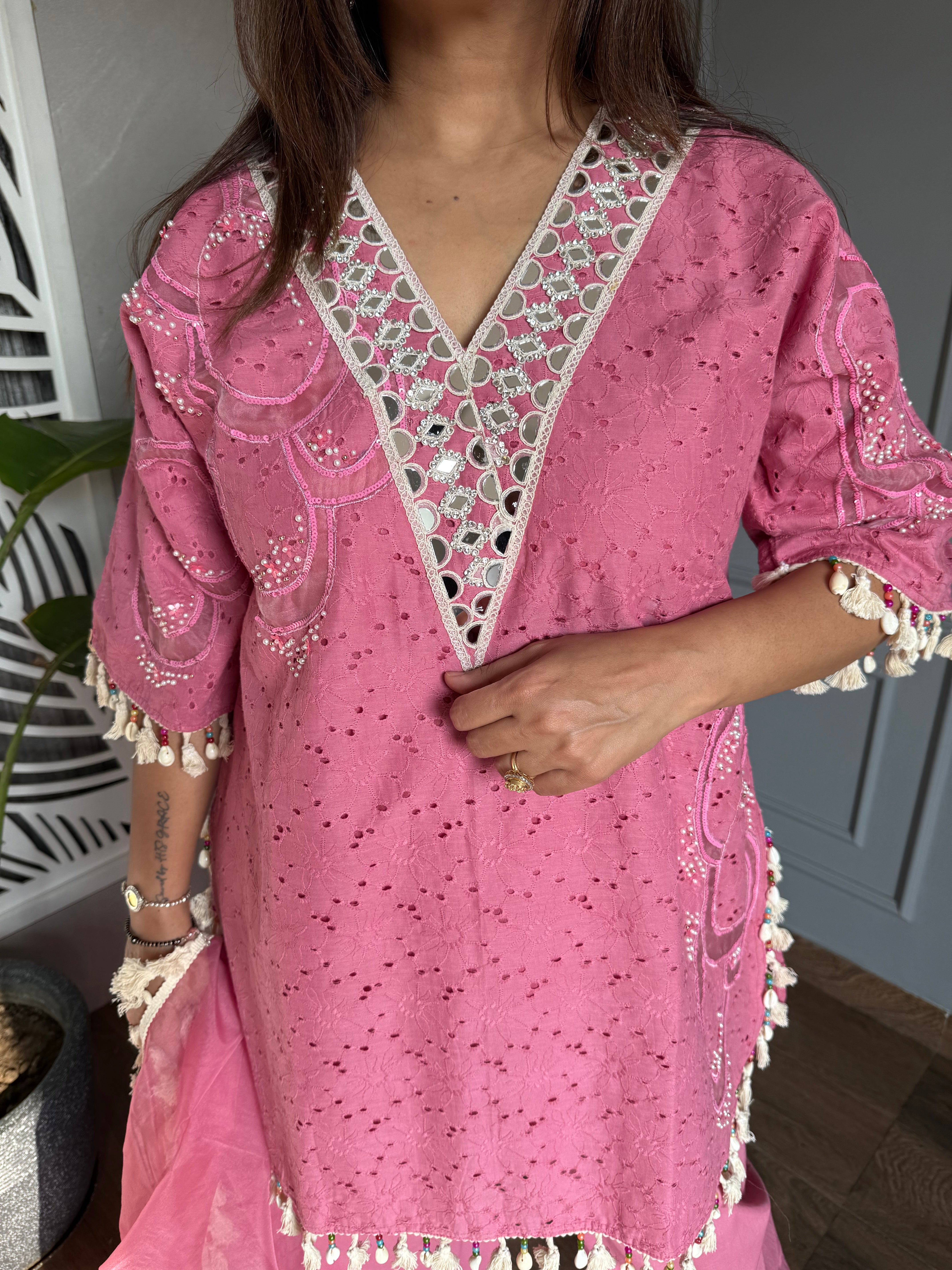 Cotton embroided co-ord set with mirror work and lining on shirt (Gulaab)