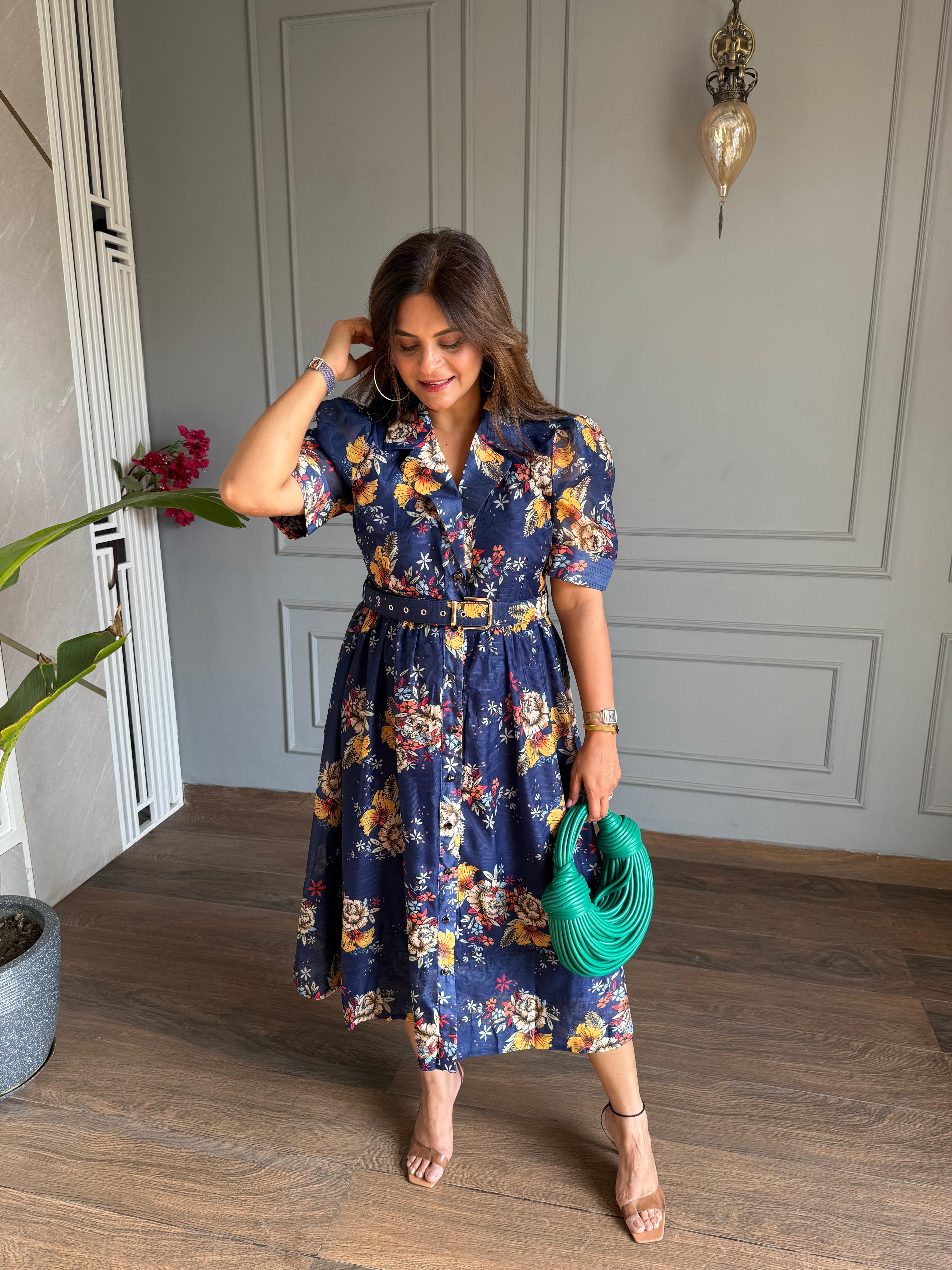 Imported fabric floral print calf length dress (Grapes)