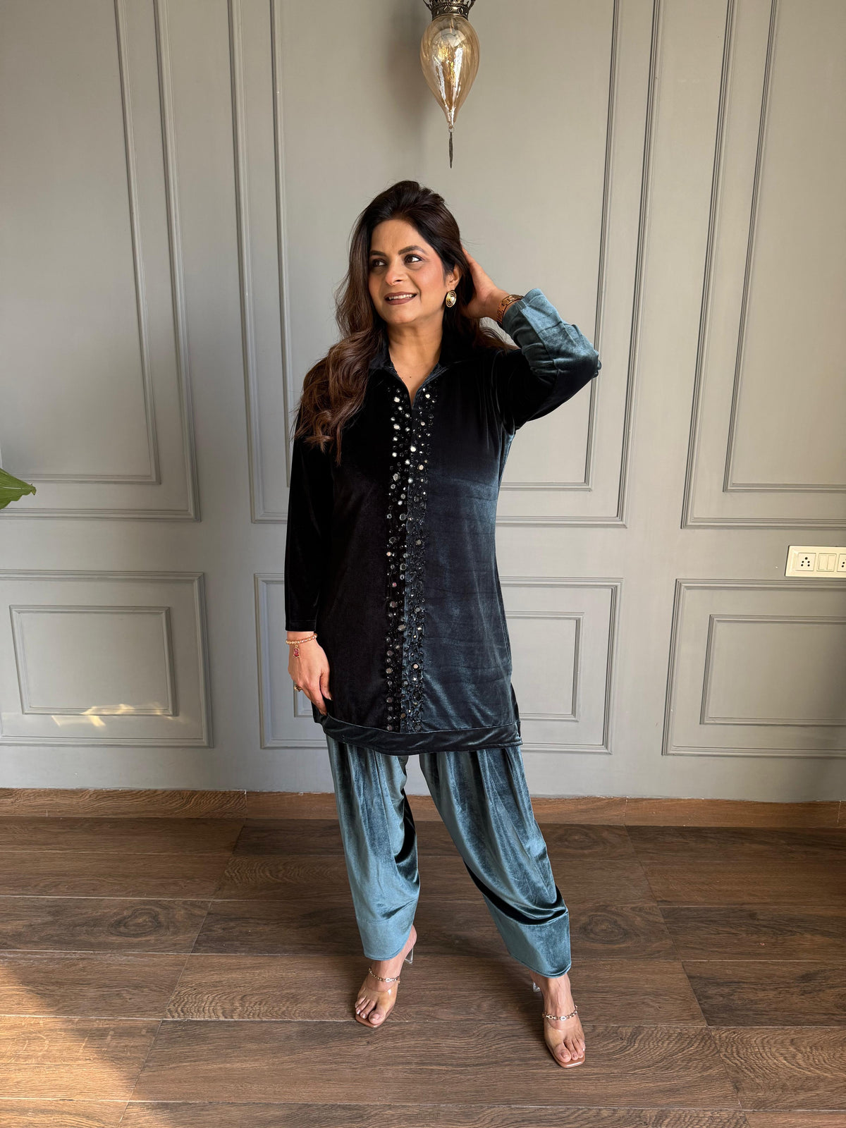 Silky velvet mirror hand work dual coloured co-ord set (Peacock)