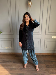 Silky velvet mirror hand work dual coloured co-ord set (Peacock)