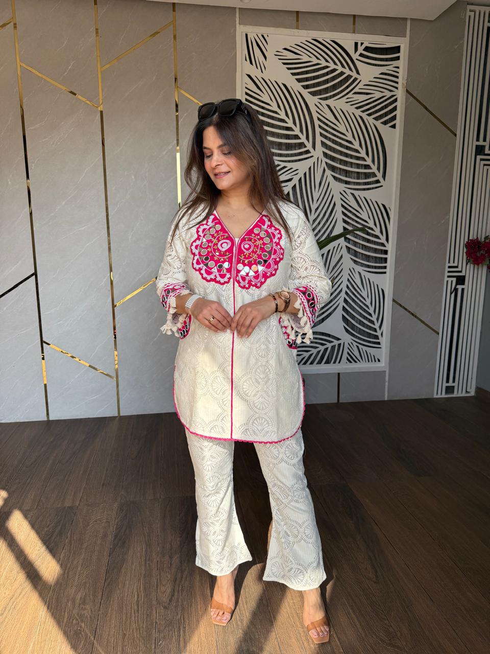 Cotton crochet mirror work co-ord set