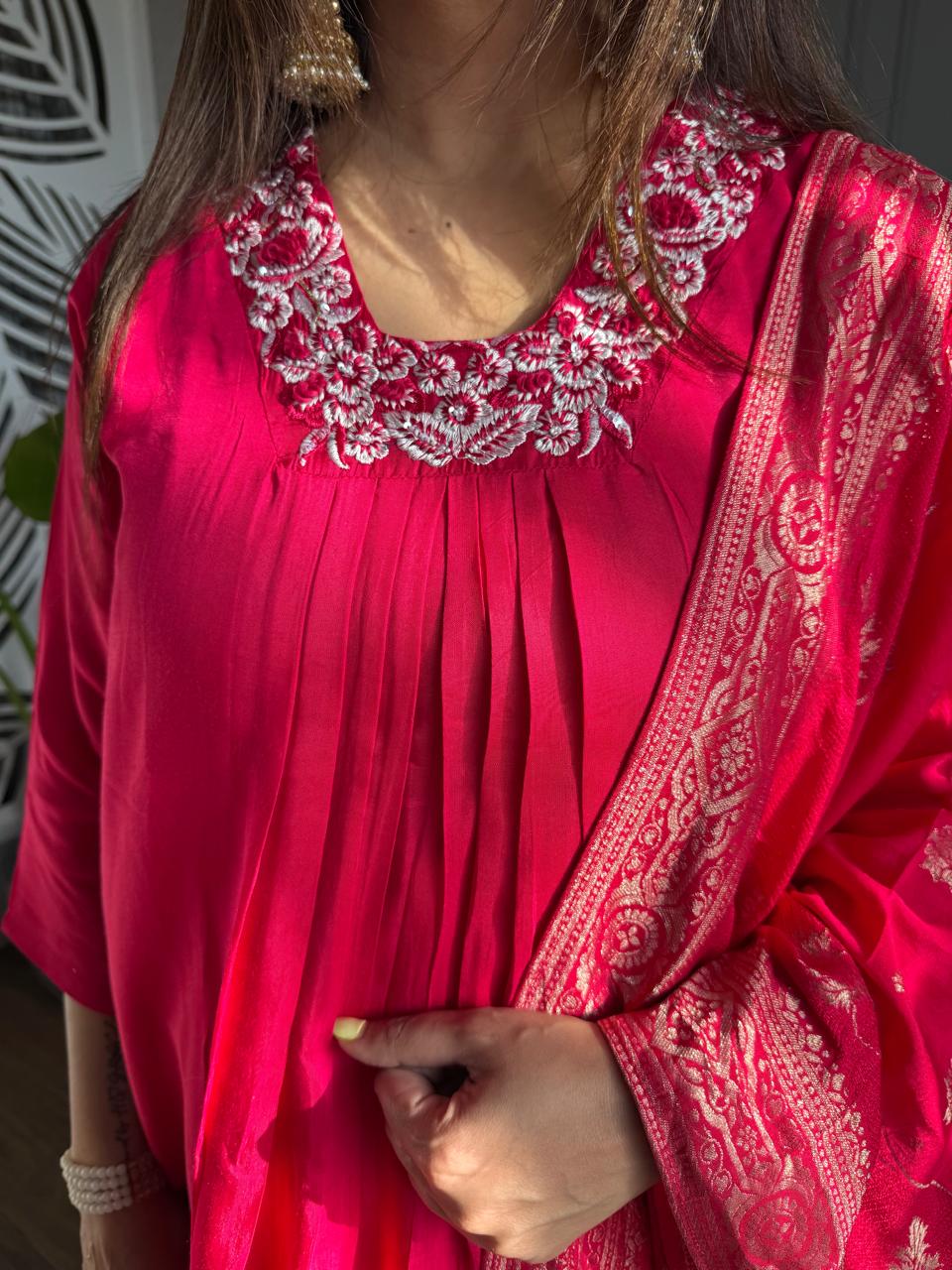 PURE CREPE A LINE SUITS WITH BANARASI DUPATTA
