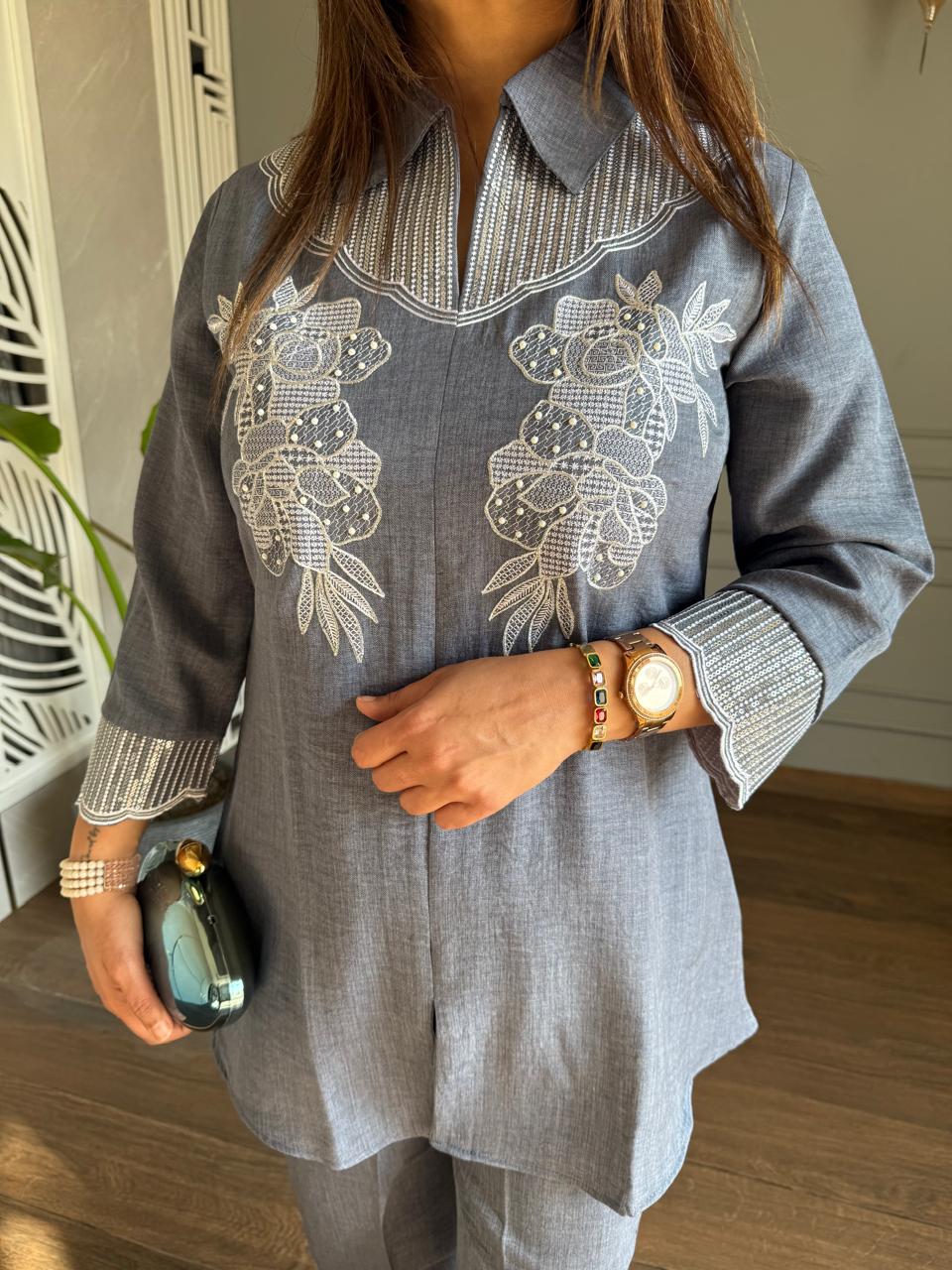 Linen cotton sequenced embroided co-ord set