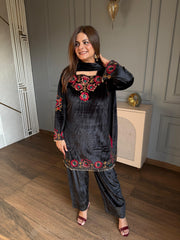 Beautiful formal embroidered velvet shawl suit (Beena)