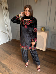 Beautiful formal embroidered velvet shawl suit (Beena)