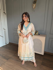 Beautiful long mirror detailing tissue suit with embroidered potli with full cotton lining (Lehar)