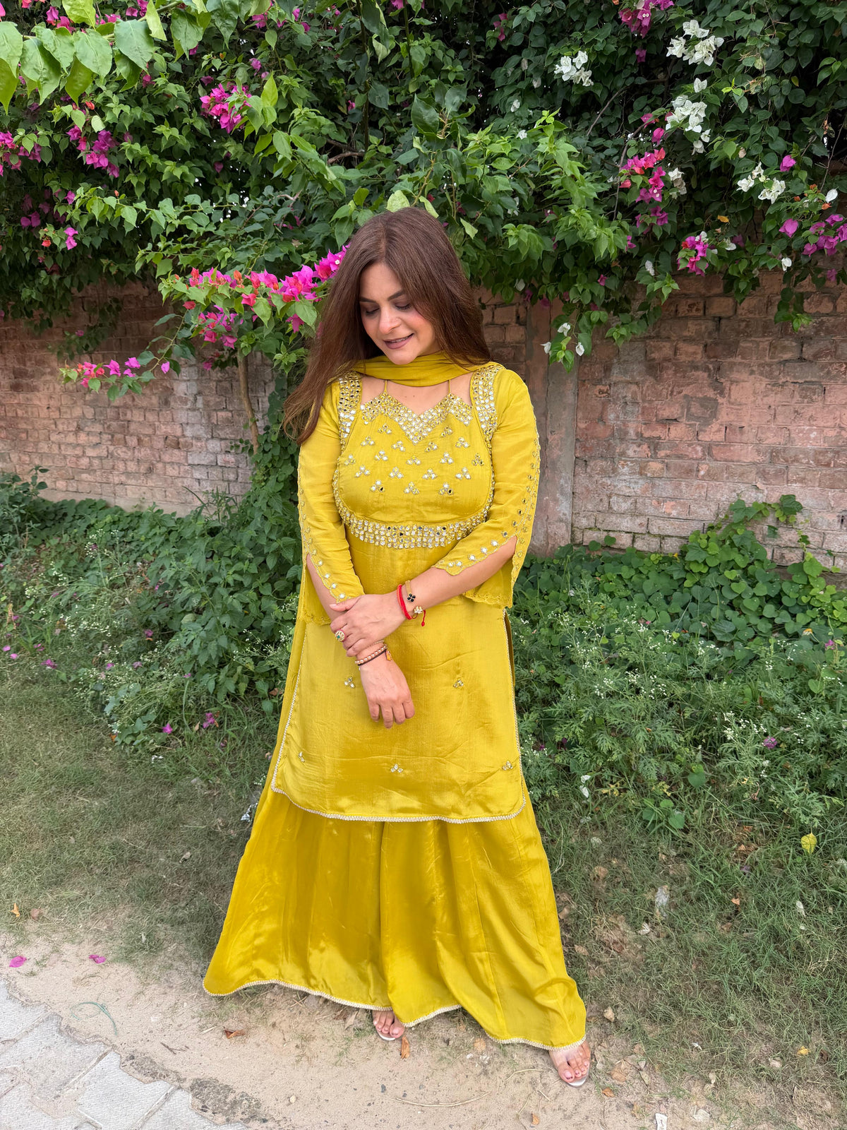 Beautiful hand embroidery mirror work sharara suit in pure chinnon (Sneha)