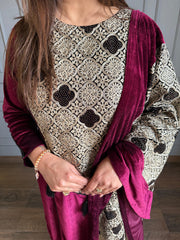 Velvet embroided shawl suit (Wine)