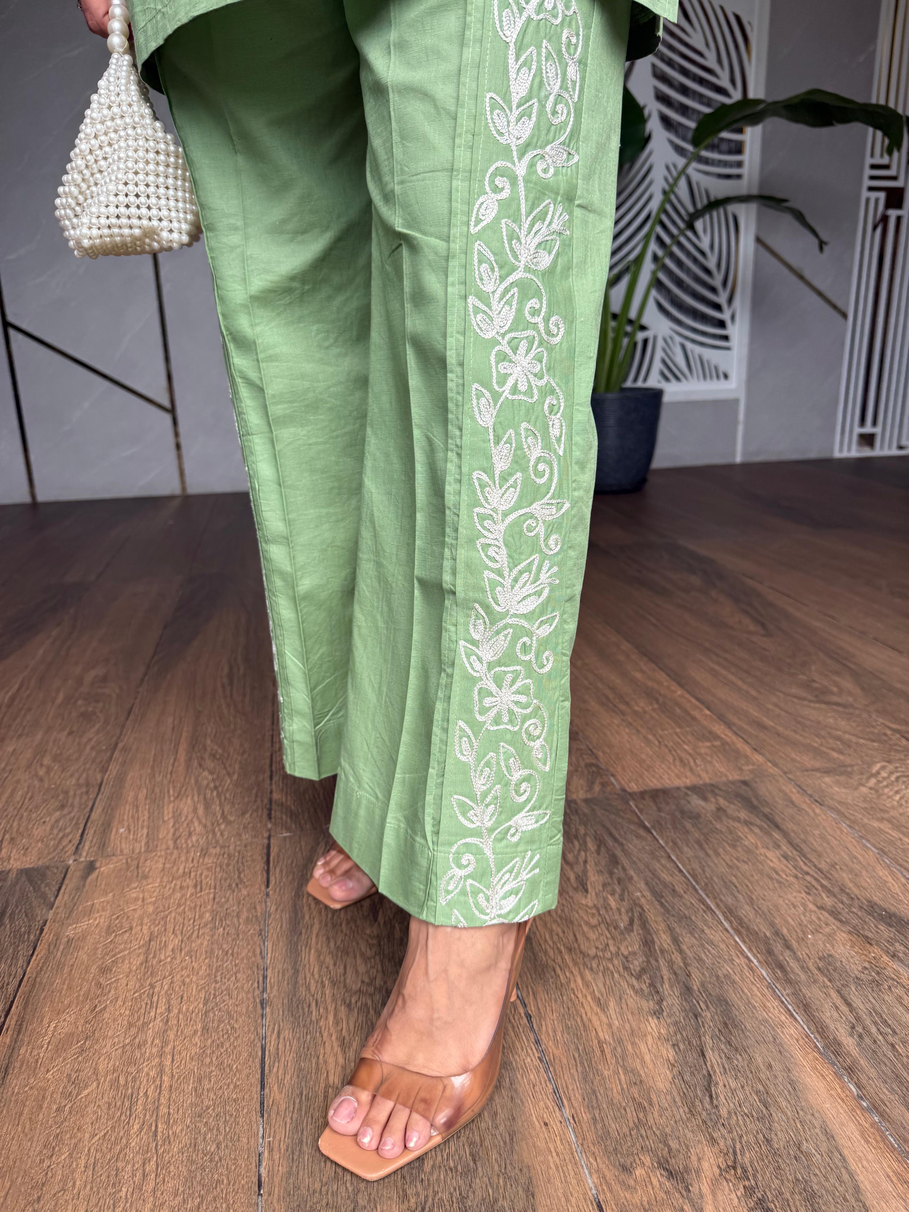 Kashmiri embroided linen co-ord set (coconut)