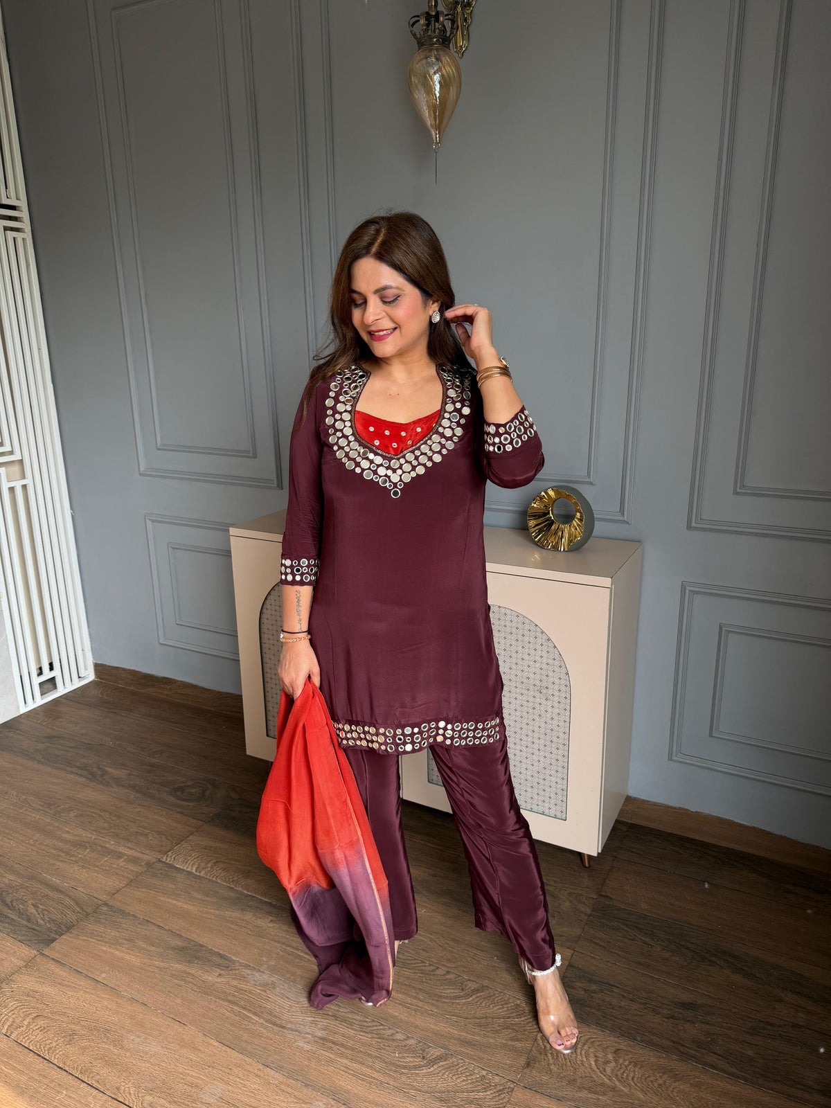 Pure crepe 4 piece real mirror detailing festive suit for Rakhi with embroidered bustier (Charu)