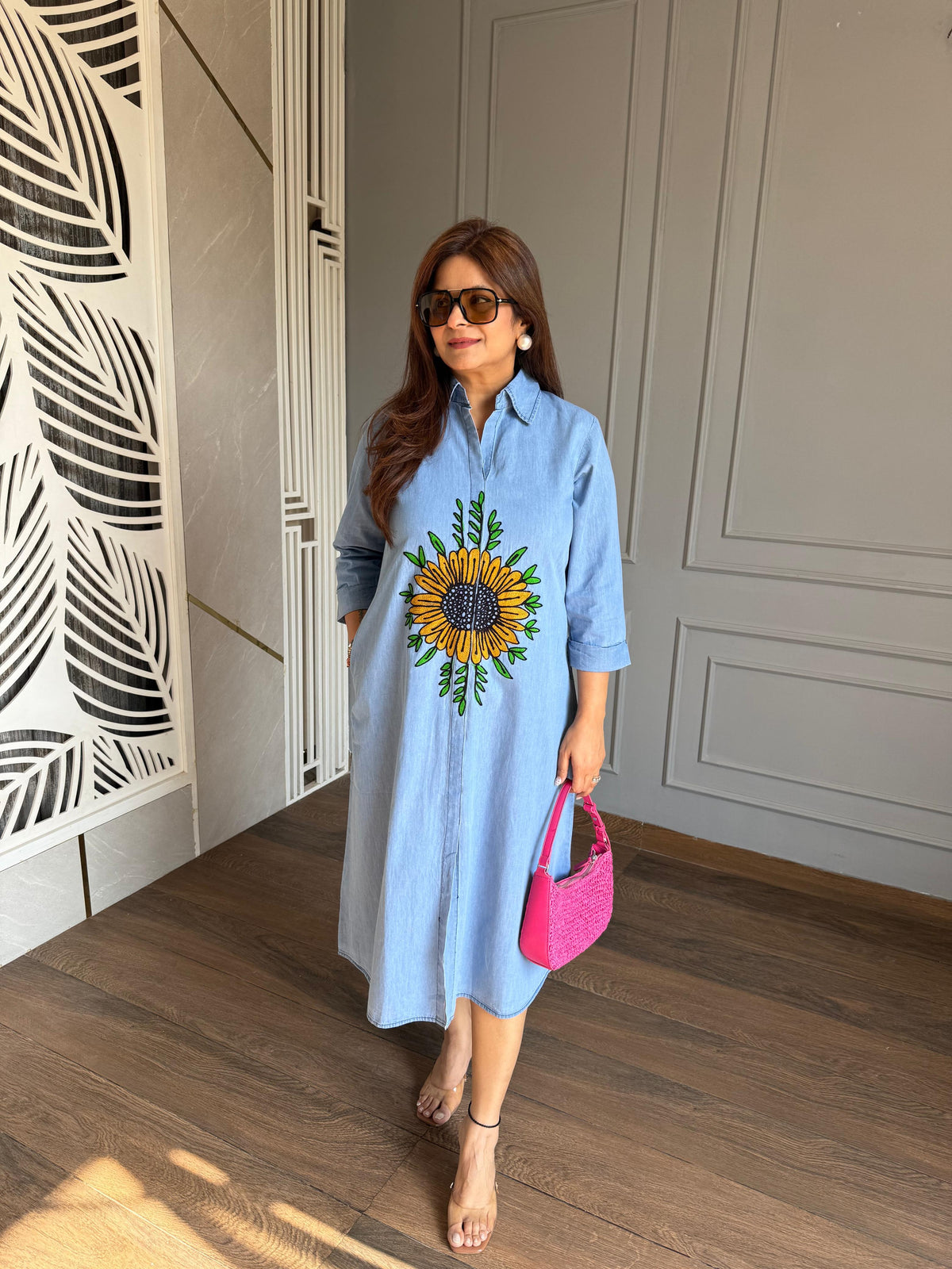 Embroidered cotton denim dress (Qira)